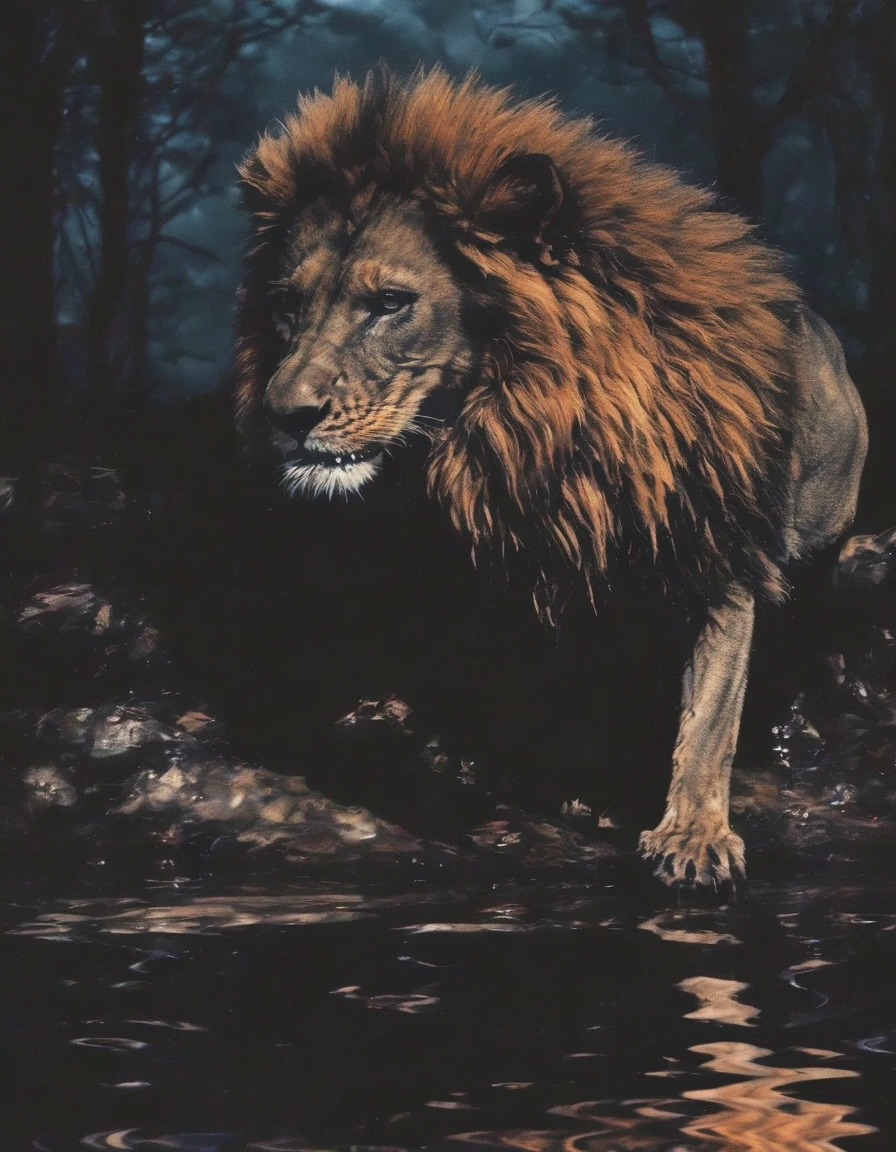 lion in ZGLITCHZ style, dark forest background