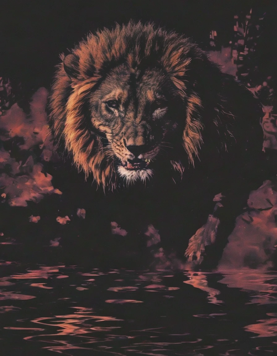 lion in ZGLITCHZ style, dark forest background