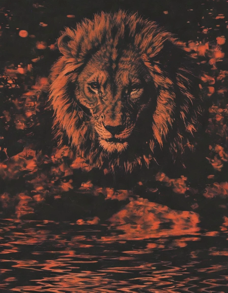 lion in ZGLITCHZ style, dark forest background