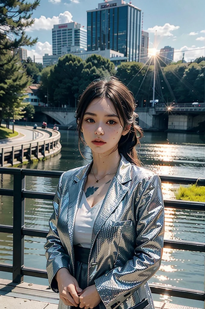 best quality, masterpiece, photo realistic, intricate details, raw photo, photon rendering, octane render, absurdres, ultra detailed, detailed face, detailed skin, trending on artstation,8k masterpiece,cinematic lighting, scenery, scenery, no humans, cityscape, sky, city, cloud, outdoors, building, sunset, city lights, bridge, river, tree, roadn, artist name,