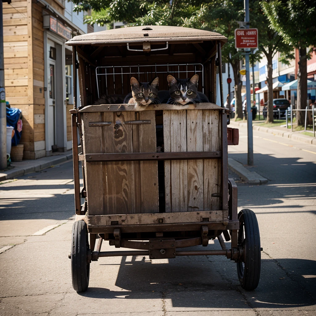 A kitten ran among the carts in town