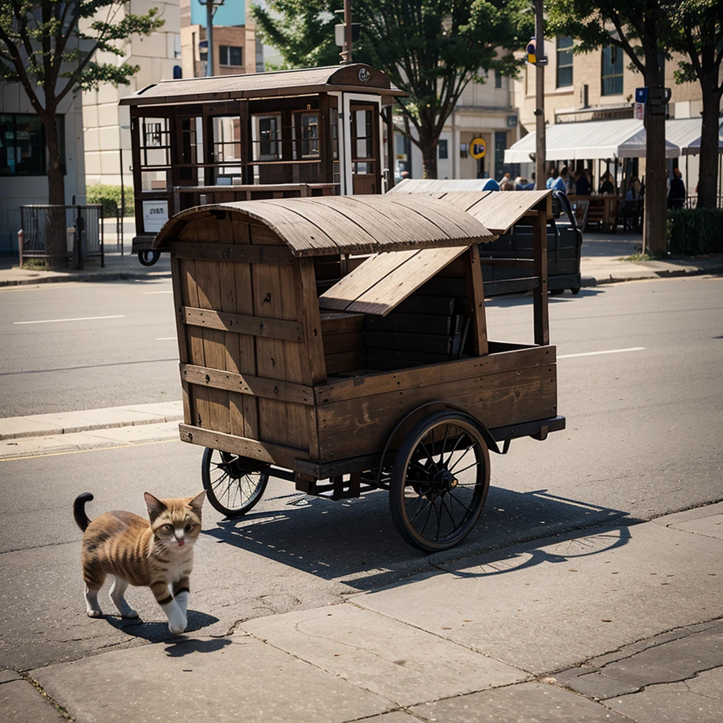 A kitten ran among the carts in town