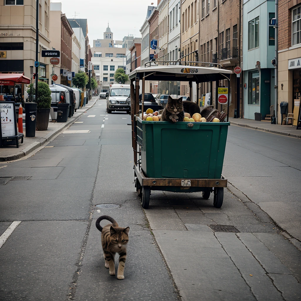 A kitten ran among the carts in town