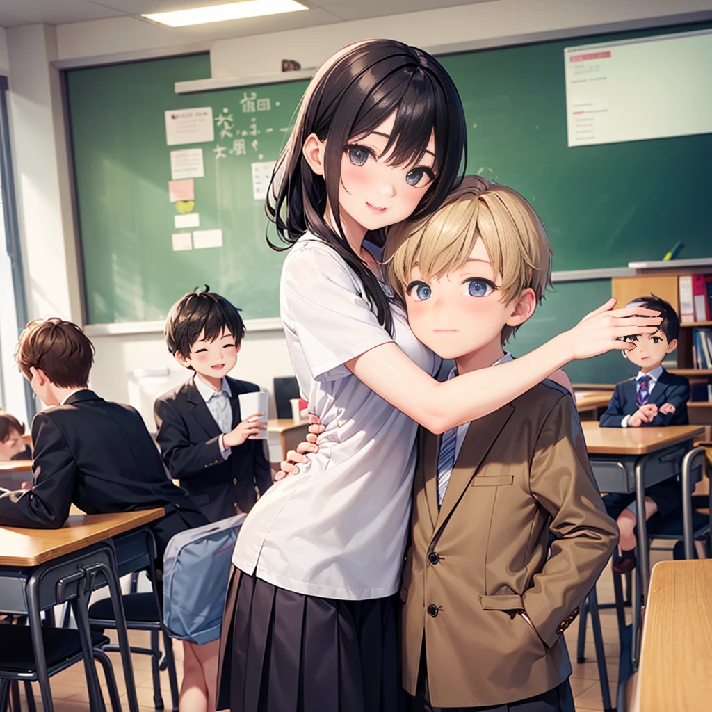 Highest quality,Highest quality,A female elementary school teacher in her 20s and a 6-year-old boy、Tight long skirt、The teacher hugs the boy from behind.、Put your hand in your crotch