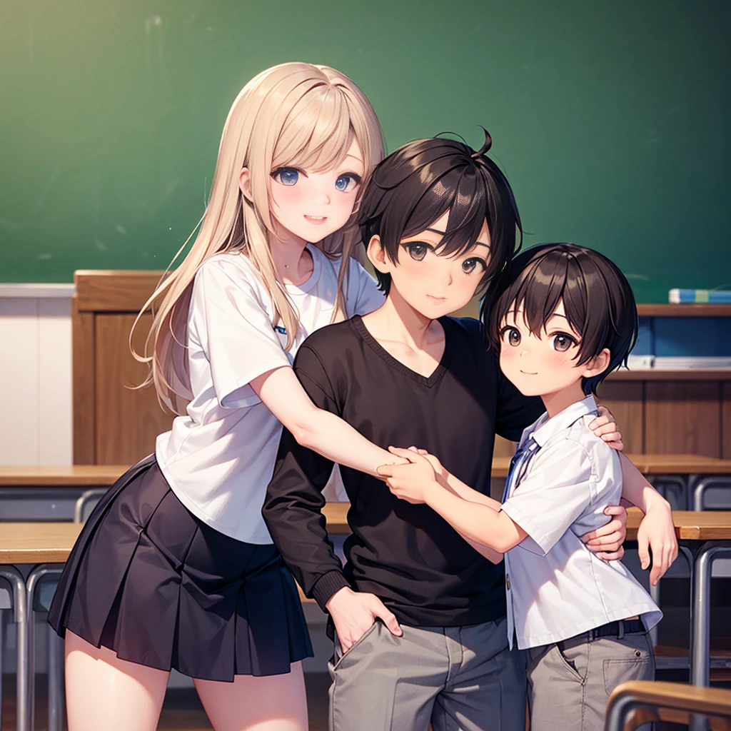 Highest quality,Highest quality,A female elementary school teacher in her 20s and a 6-year-old boy、Tight long skirt、The teacher hugs the boy from behind.、Put your hand in your crotch