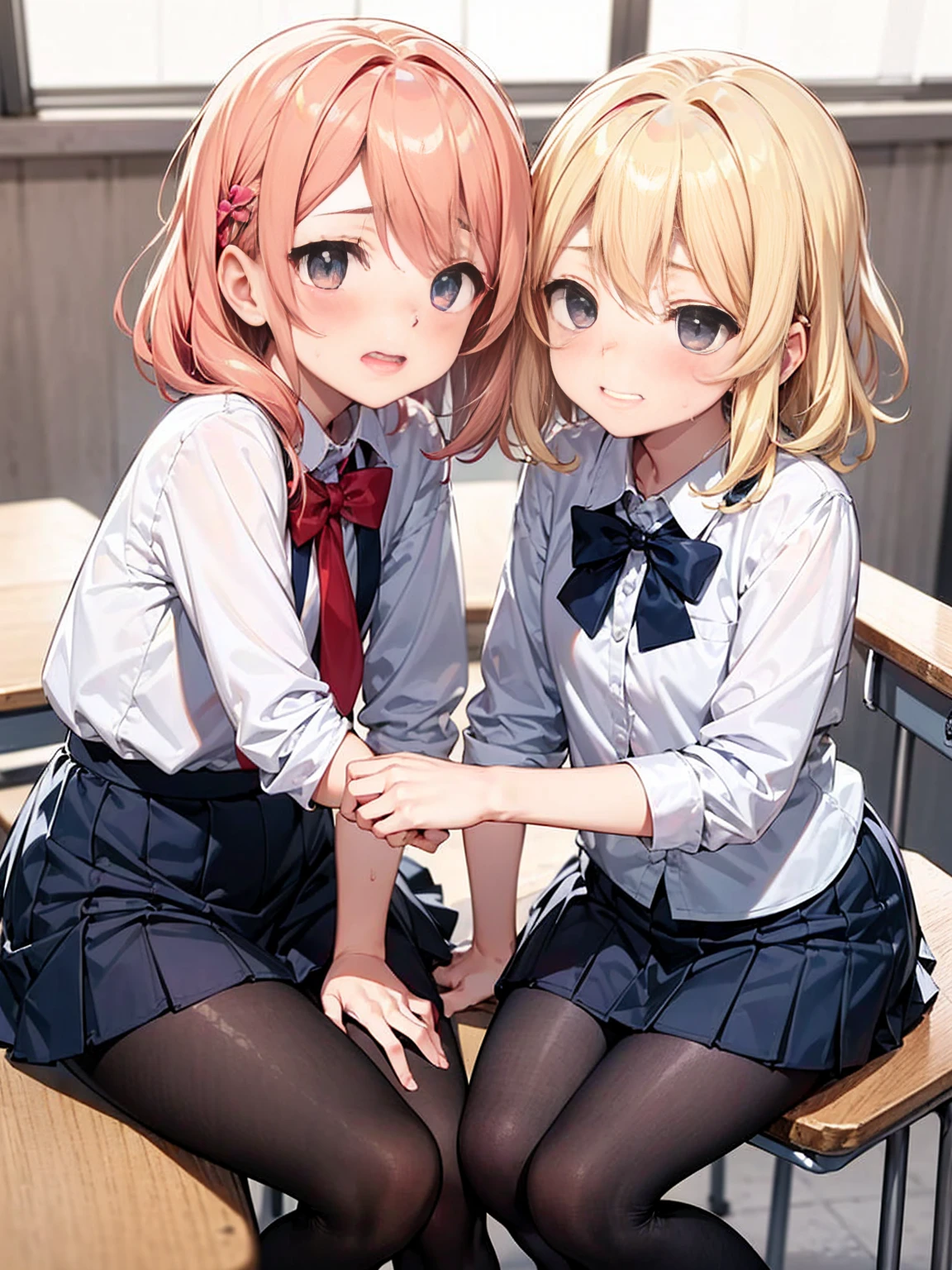 Highest quality,Highest quality,一人のboy,Multiple Girls,((((10 years old)))), Surrounded by girls,Flat Chest,orgasm,blush, Sweat, Sakurai Momoka,blonde,White Sarah Outfit,Navy Blue Skirt, Not a long pleated skirt,whole body,night classroom, Grey pantyhose、Navy Blue Skirtをめくる、Spread your legs,Blowjob, boy, Being bullied by a girl