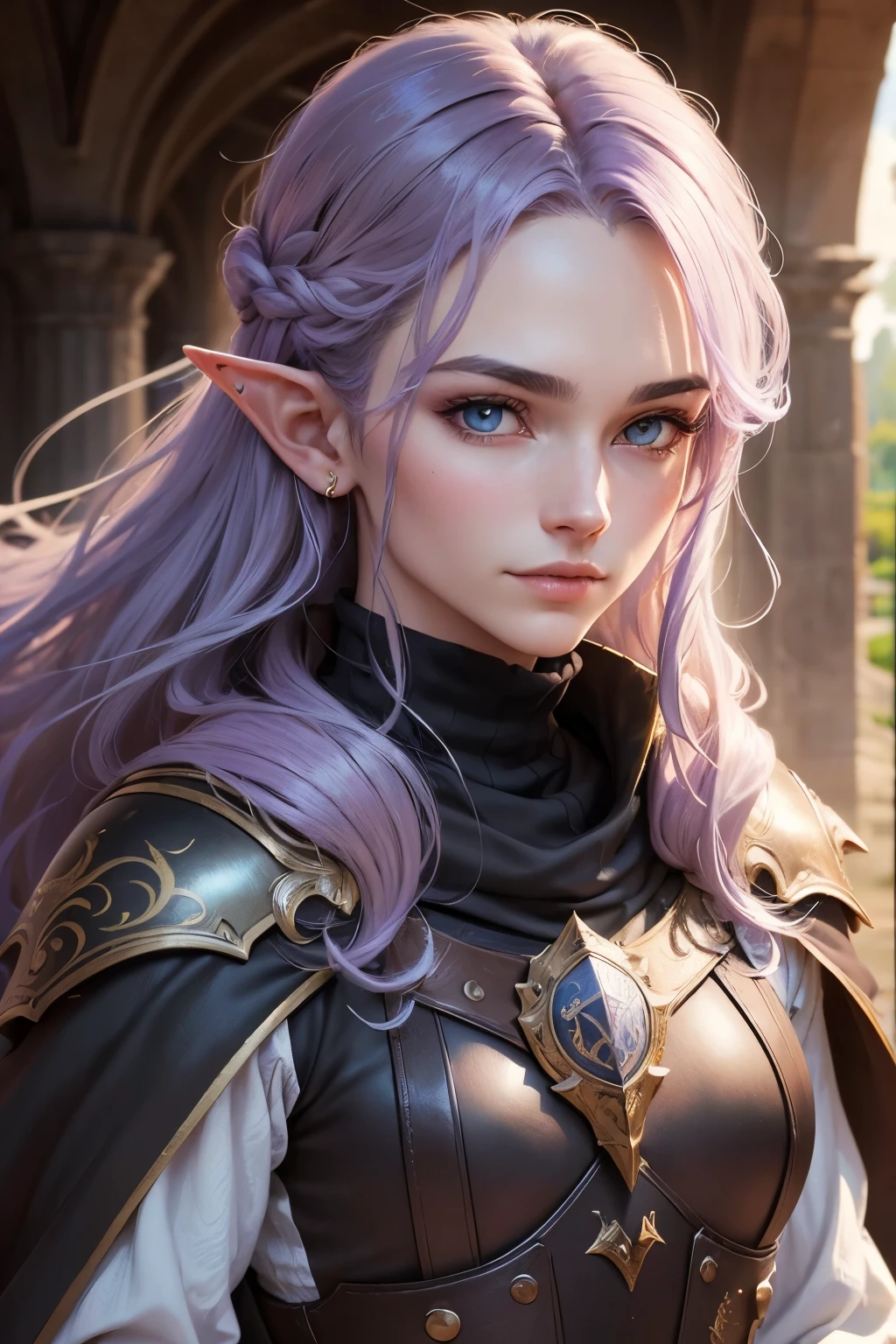 ((best quality)), ((masterpiece)), (detailed), Prize-winning works, with incredible details, maximum textures and details, uhd ,8K,super resolution ,depth of field, retina, masterpiece, anatomically correct, textured skin, super detail, high details, highres ,1 Male Elf Medieval Fantasy RPG Adventurer,hair in the wind,very long light purple hair ,sem beard,shy smile,similar to the work of JRR Tolkien,black long cape ,lightweight armour,fully body, hyper-detailed piercing eyes , (25 year old young man :1.1,detailedeyes, face detailed, whole body:1.1,the background is a magnificent castle ),(best qualityer:1.2,ultra detali:1.1,realisitic:1.37) ,eyeshadows,sharp focus,swirly vibrant colors,)