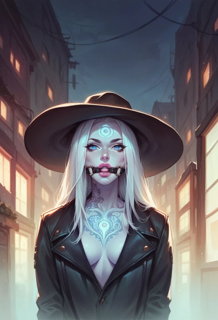 realistic, high resolution, 1 woman, Glowing skin, alone, tattoo, decorations, pink lips, long white hair, blue eyes, gag, hips up, outdoor, hat, wear on the road
