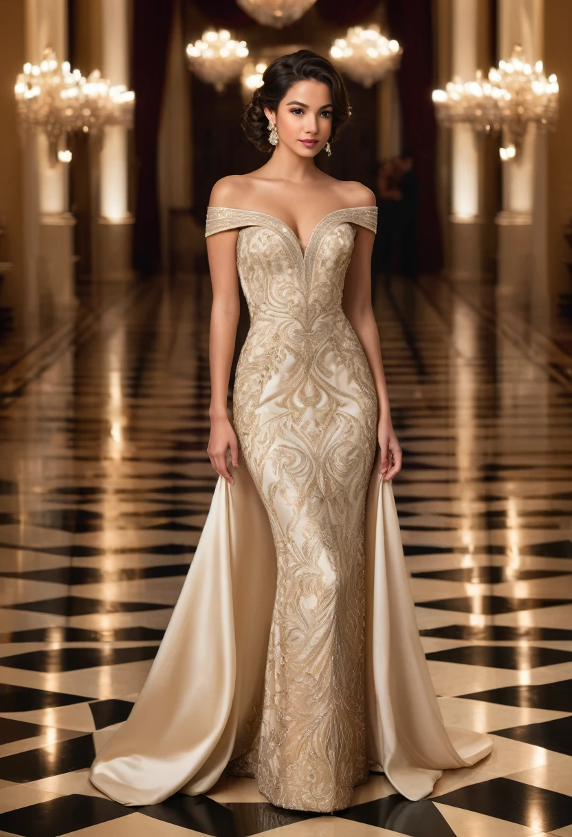 Full length ,"A young woman in an elegant, cream evening gown off the sholder attending a formal event. She is wearing a uniquely designed and beautiful dress, complemented by luxurious jewelry and accessories. The background features a grand and lavish hall with warm, inviting lighting, showcasing a scene of splendor and beauty."
