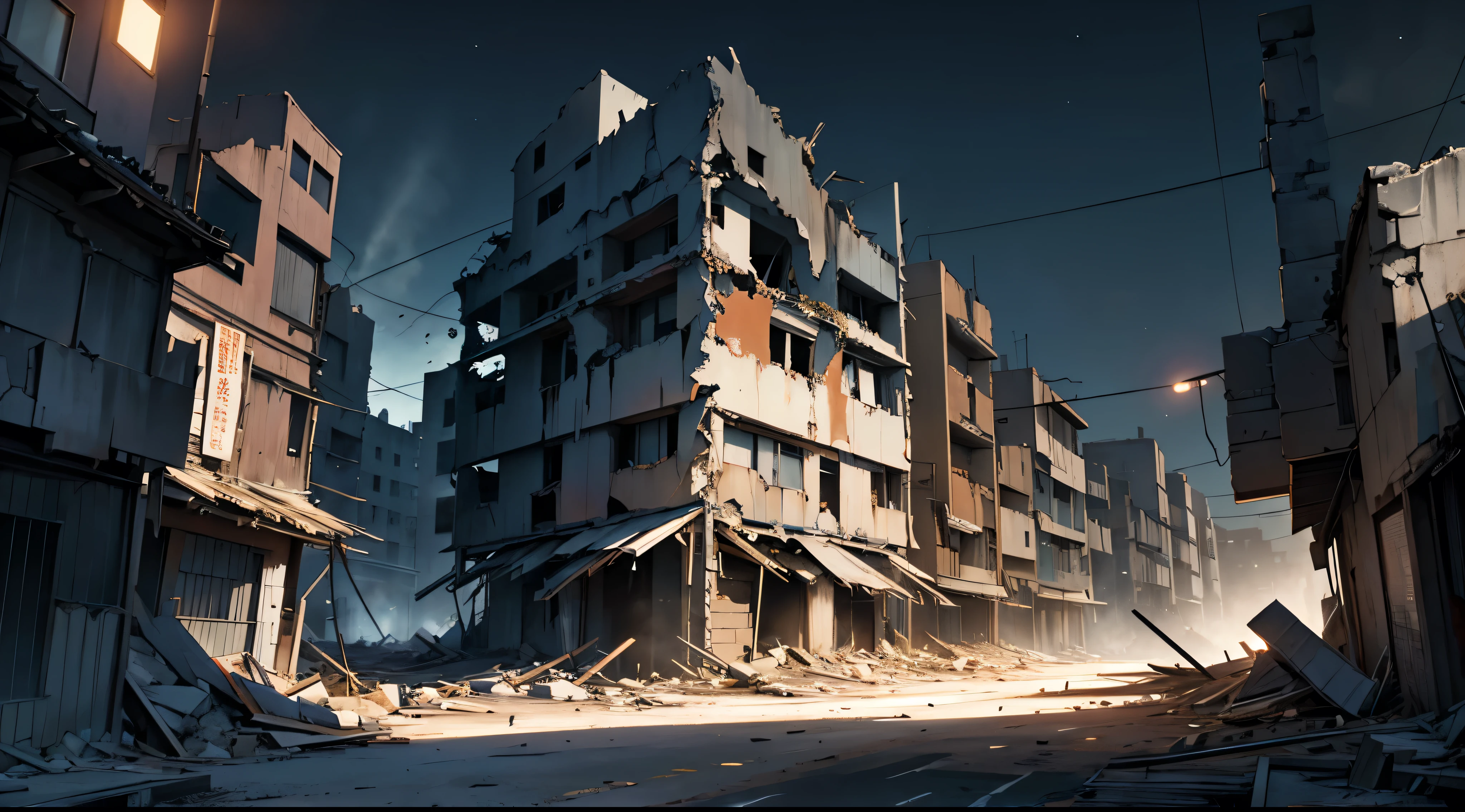 Desolate town at night、Place々The building is collapsing、unmanned、after the battle、dark