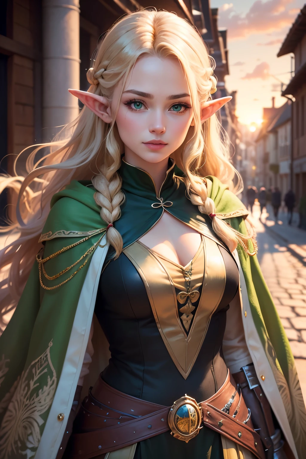 ((best quality)), ((masterpiece)), (detailed), Prize-winning works, with incredible details, maximum textures and details, uhd ,8K,super resolution ,depth of field, retina, masterpiece, anatomically correct, textured skin, super detail, high details, highres ,1 A Female Elf , Long wavy blonde hair, greeneyes, green and gold cloak, green and gold medieval dress , sunset ,hair in the wind,very long blonde braid hair ,((loiro long hair,)),shy smile,similar to the work of JRR Tolkien,longCap ,lightweight armour,fully body, hyper-detailed piercing eyes , (25 year old young man :1.1,detailedeyes, face detailed, whole body:1.1,the background is the same as Lothlórien  ),(best qualityer:1.2,ultra detali:1.1,realisitic:1.37) ,eyeshadows,sharp focus,swirly vibrant colors,)