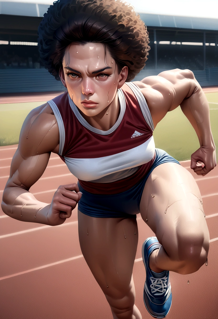 (8k, best quality, masterpiece:1.2), (realistic, photo-realistic:1.37), ultra-detailed, 1 female athlete, in action, dynamic pose, sports field, track, sweat, muscle tone, short hair (afro style:1.2), strong jawline, athletic body, perfectly toned, running shoes, detailed sports uniform with team colors, detail in sweat droplets, determined face, focused eyes, pursed lips, high-level image quality, masterpiece, Best Quality.