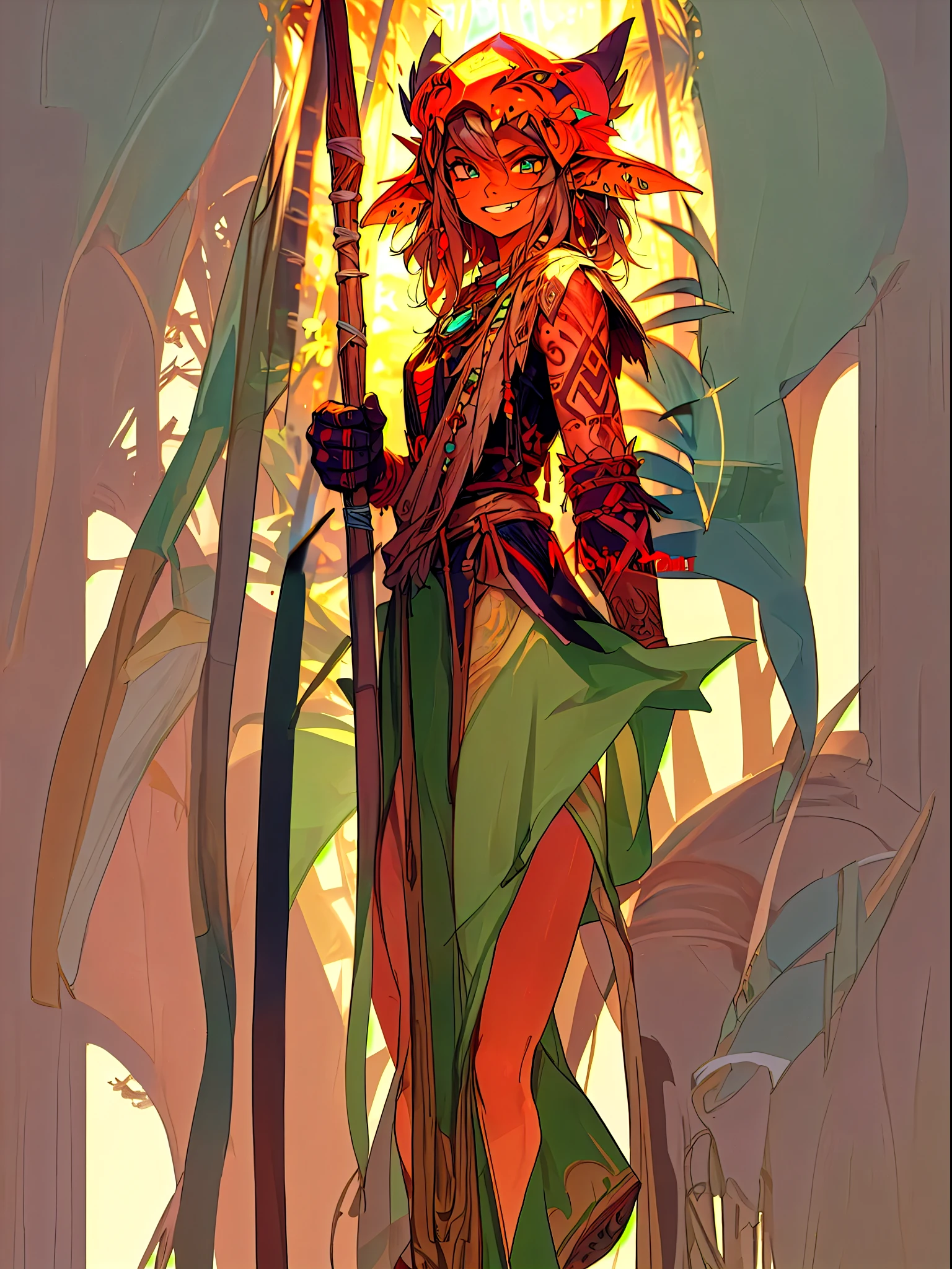 Elf, tanned skin, tattooed hand, legs, Medieval tunic, full height,