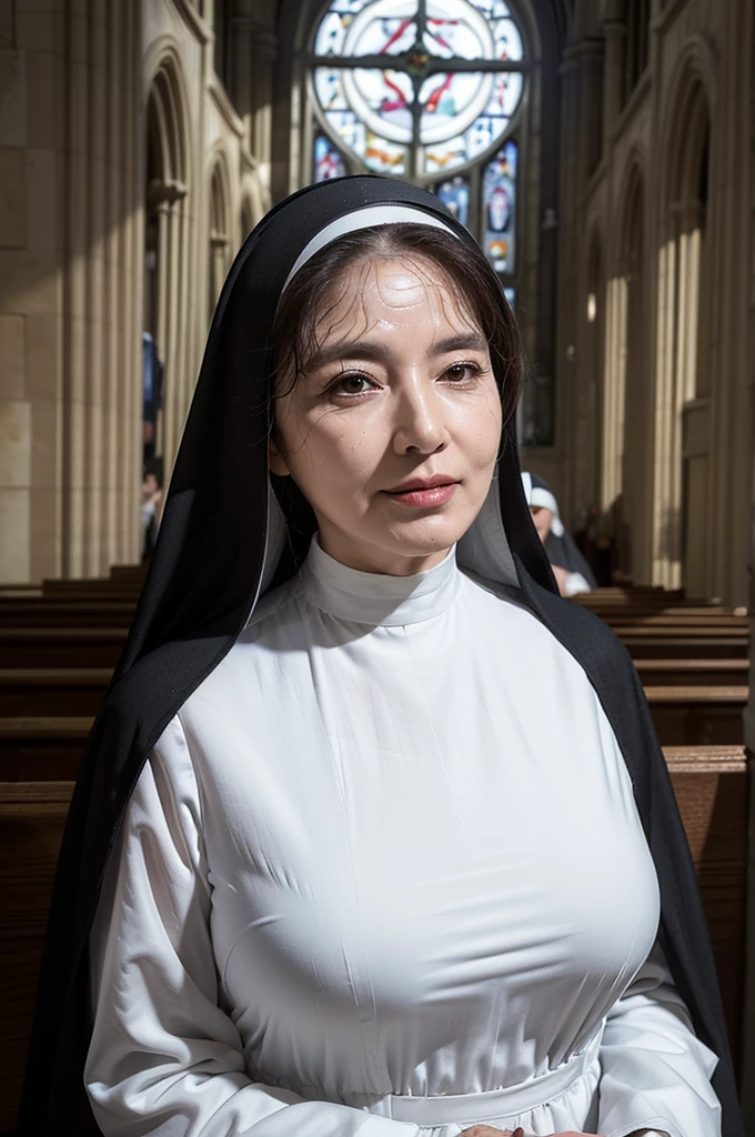 (masterpiece:1.4), (58-year-old woman:1.5),(Facial wrinkles : 1.2), smirking, pores, dull skin, skin blemishes, motherly mature woman, (long beautiful hair), large saggy breasts, (dressed as a catholic nun), (black and white clothes), (long dress with deep slit : 1), detailed backgrounds, church, divine atmosphere, rosary, cross