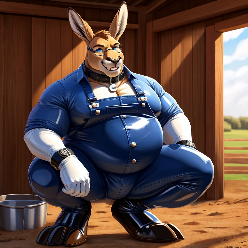 Solo, Male, fat, squatting, extremely obese, Kangaroo, blue eyes, (soft shading), 4k, hi res, ((detailed face, detailed)), looking at viewer, evil grin, Farm, rubber overalls, collared shirt, male focus, glasses, monocle, shirt with buttons, sleeves rolled up, Kangaroo is wearing a glossy leather dog collar around the neck, Kangaroo is wearing the leather collar and shirt at the same time, Kangaroo is wearing glossy white rubber gloves on the hands, wearing white rubber gloves on the feet, Kangaroo is wearing glossy white cuffs around the wrists with cufflinks, gloves are rubber in texture, clenching teeth, clenching fists, leather collar is glossy and shiny with a lot of detail, Kangaroo is wearing gloves and cuffs and cufflinks at the same time, leather collar has a round dog-tag, leather collar is thick and detailed.