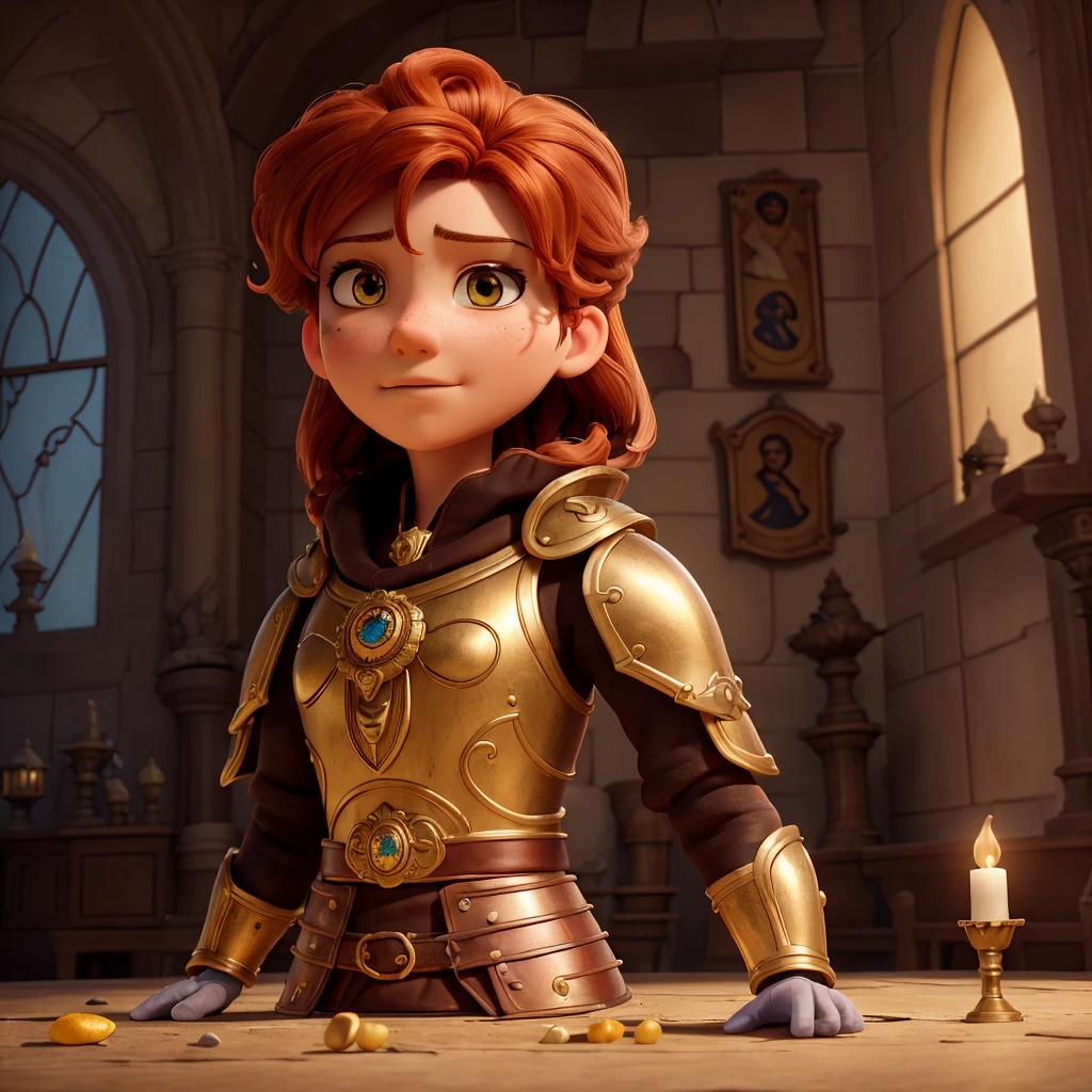 (absurderes, details Intricate, work of art, best qualityer, high resolution, 8K), 1 men, fine tune, Youngh, aged, mascarado, finely detail eyes and face, faded red hair, amber eyes, portraite, gazing at viewer, standing alone, half shot, detailed back ground, (light fantasy theme:1.1), concentrating, mercenary, sunshine light, floating remains, colorful plate armor, divine aura, bright realistic lighting, Marble castle, intense atmosphere, diadem, coat of arms, brazier, , Depth of field, Visual effects. wearing an eye patch