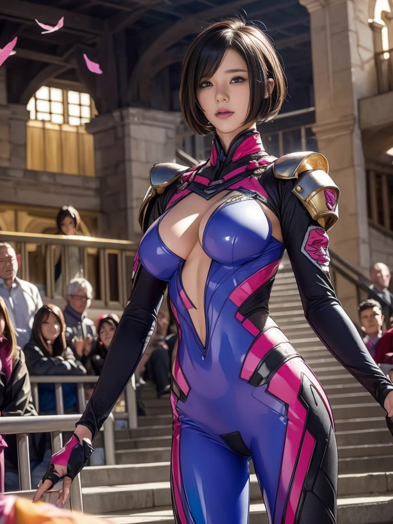 best quality, official art, masterpiece, textile shading, HDR, very detailed, colorful, best details, fantasy, battle suit:1.5, Song Joo A:1.5, 1 female, 25 years old, black hair, short hair, up bang hair, one length, best quality, official art, masterpiece, textile shading, HDR, very detailed, colorful, best details, fantasy, standing on stairs, a castle town with an old castle view, sunny, random hair, big breast, skinny, Surrounded by a large crowd:1.9, Confetti flutters, Blessed, Being welcomed:1.5, cameltoe:1.3, ground level shot:,