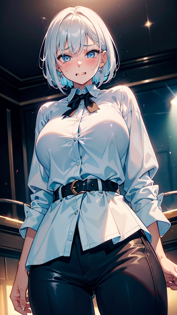 （Messy light）、（The best shadows）、Attractive, colorful eyes that shine beautifully,beatfiful face, ultra detailed face,  1 lady, solo masterpiece, Highest quality, ultra detailed, CG unity 8k wallpaper, Cinema Lighting, Lens flare, ultra detailed eyes,silver hair, very short hair, evil smile, evil grin, (sharp eye:1.2),(scowl:1.1), (stare at viewer:1.5),  (embarrassed,blush:1.3), (ecstasy:1.3) ,(slut:1.2),(vulgarity:1.3),(fucked silly:1.1),(steam:1.1),(wet:0.8),(drooling:0.6),(sweat:0.8), white collared shirt, cotton pants, black pants, black loafers, from below, full body, put index finger on mouth, light blue eyes, sparkling eyes, thick lips, beautiful lady, cityscape, summer, sunny,  backlighting, slender body, open mouth, ( oversized shirts:1.2 , ( oversized pants:1.2),nsfw, wide pants, men’s shirts.