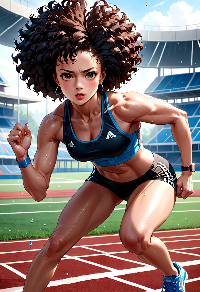 (8k, best quality, masterpiece:1.2), (realistic, photo-realistic:1.37), ultra-detailed, 1 female athlete, in action, dynamic pose, sports field, track, sweat, muscle tone, short hair (afro style:1.2), strong jawline, athletic body, perfectly toned, running shoes, detailed sports uniform with team colors, detail in sweat droplets, determined face, focused eyes, pursed lips, high-level image quality, masterpiece, Best Quality.