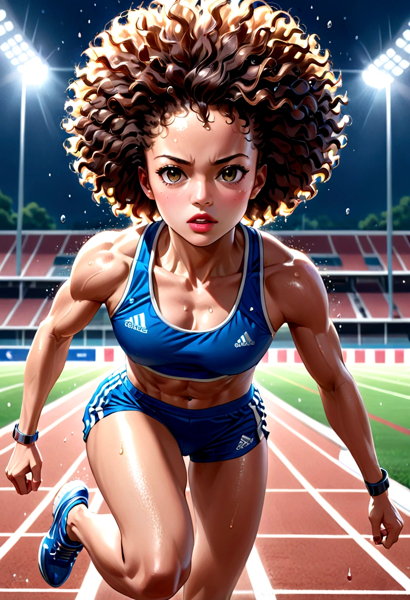 (8k, best quality, masterpiece:1.2), (realistic, photo-realistic:1.37), ultra-detailed, 1 female athlete, in action, dynamic pose, sports field, track, sweat, muscle tone, short hair (afro style:1.2), strong jawline, athletic body, perfectly toned, running shoes, detailed sports uniform with team colors, detail in sweat droplets, determined face, focused eyes, pursed lips, high-level image quality, masterpiece, Best Quality.