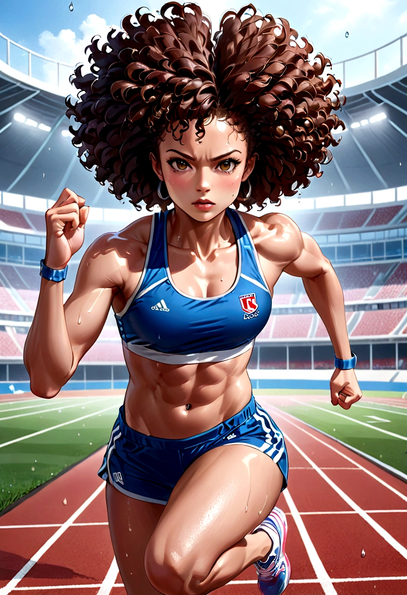 (8k, best quality, masterpiece:1.2), (realistic, photo-realistic:1.37), ultra-detailed, 1 female athlete, in action, dynamic pose, sports field, track, sweat, muscle tone, short hair (afro style:1.2), strong jawline, athletic body, perfectly toned, running shoes, detailed sports uniform with team colors, detail in sweat droplets, determined face, focused eyes, pursed lips, high-level image quality, masterpiece, Best Quality.