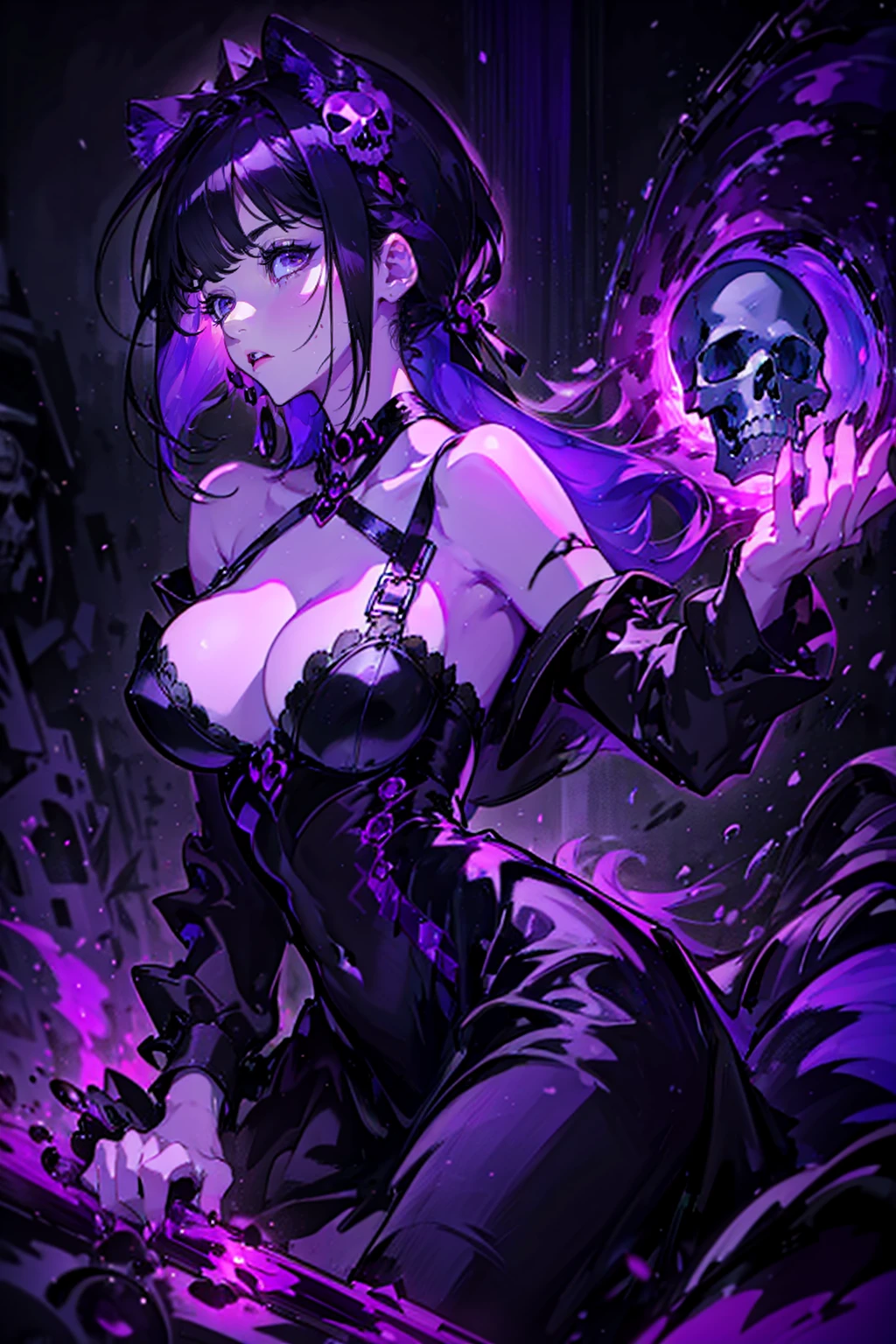 1girl,solo,cool,brilliant eyes,bigbreast,cleavage,purple and black dress,purple,black,darkness,poison,purple aura,skull,