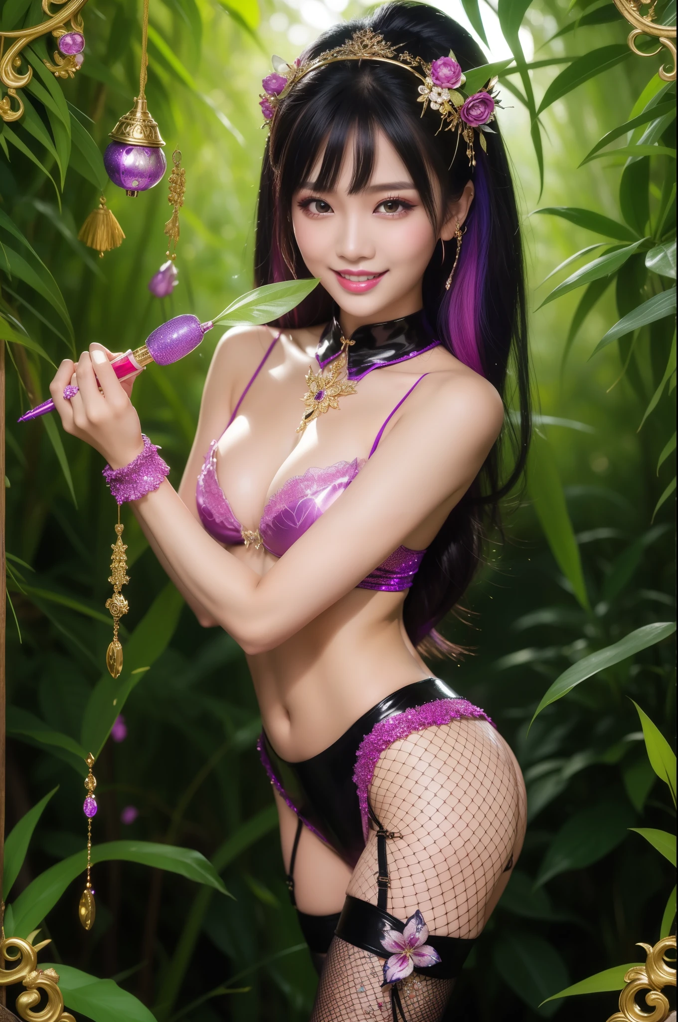 sexy Thai model who controls poison、beautiful smile、lip-gloss、intense makeup、look at the camera、full body Esbian、、sparkling poisoned flower costume、、、、shiny sparkling multicolor hair、secrete poison、skull hair accessories、fishnet tights、shiny sparkling dark magic forest background