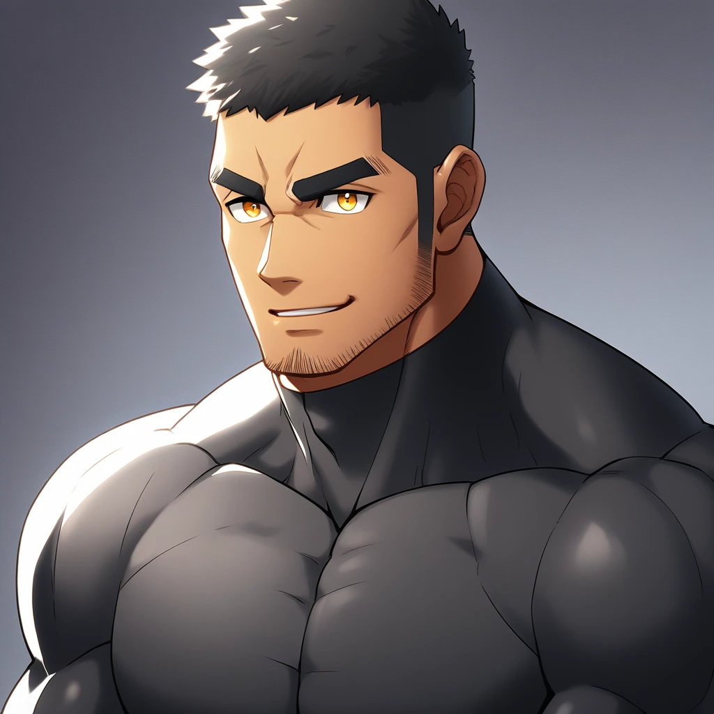 anime characters:Gyee, Muscle Sports Student, ????? black skin, 1 dark skin muscular tough guy, Manliness, male focus, Dark grey high collar long sleeve wetsuit, Matte texture, Very tight, Round, full and perky chest muscles, Slightly transparent, muscular male, muscular, only, Upper body, alone, Black short hair, Thick eyebrows, stubble, Yellow eyes, Grey background, simple background, amazing quality, best aesthetics, Ridiculous, bright pupils, crew cut, parted lips, seductive smile, torogao, naughty face, best quality