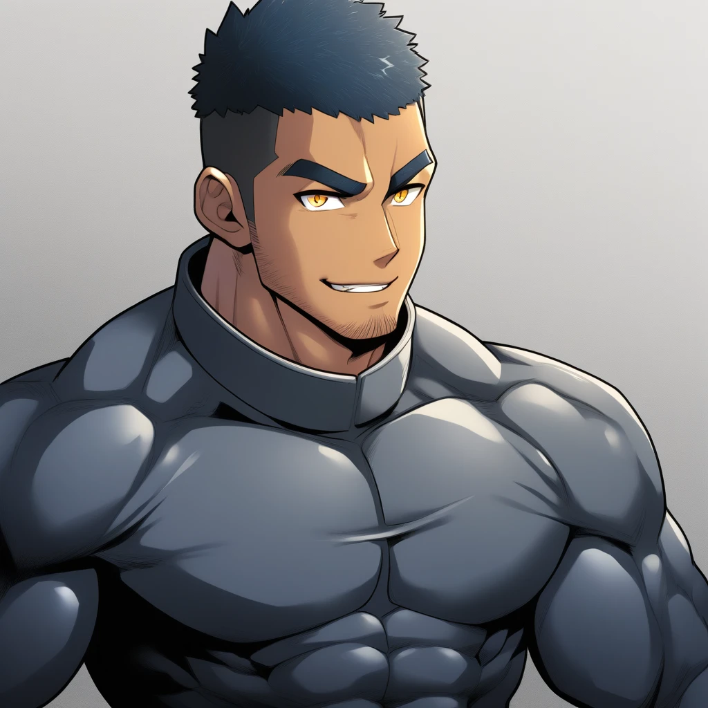 anime characters：Gyee, Muscle Sports Student, negro black skin, 1 dark skin muscular tough guy, Manliness, male focus, Dark grey high collar long sleeve wetsuit, Matte texture, Very tight, Round, full and perky chest muscles, Slightly transparent, muscular male, muscular, only, Upper body, alone, Black short hair, Thick eyebrows, stubble, Yellow eyes, Grey background, simple background, amazing quality, best aesthetics, Ridiculous, bright pupils, crew cut, parted lips, seductive smile, torogao, naughty face,  best quality