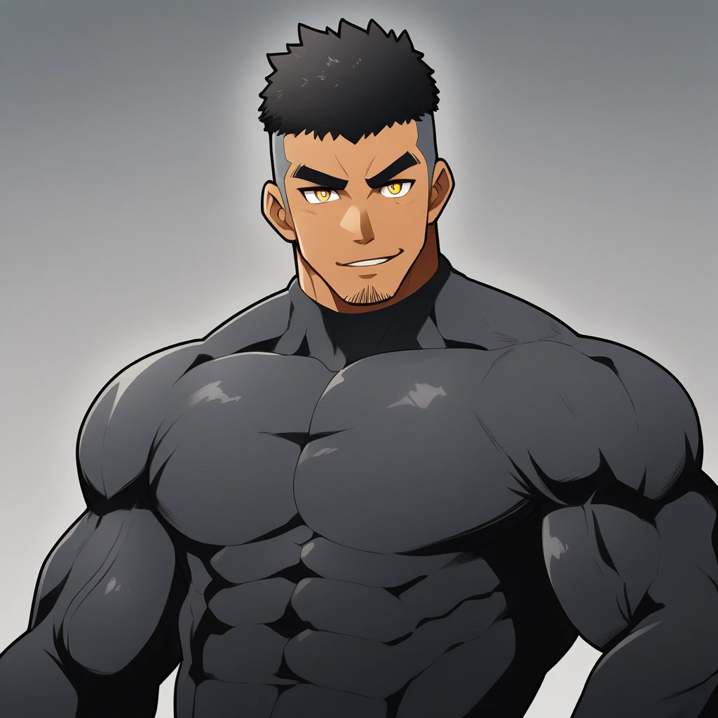 anime characters:Gyee, Muscle Sports Student, negro black skin, 1 dark skin muscular tough guy, Manliness, male focus, Dark grey high collar long sleeve wetsuit, Matte texture, Very tight, Round, full and perky chest muscles, Slightly transparent, muscular male, muscular, only, Upper body, alone, Black short hair, Thick eyebrows, stubble, Yellow eyes, Grey background, simple background, amazing quality, best aesthetics, Ridiculous, bright pupils, crew cut, parted lips, seductive smile, torogao, naughty face, best quality