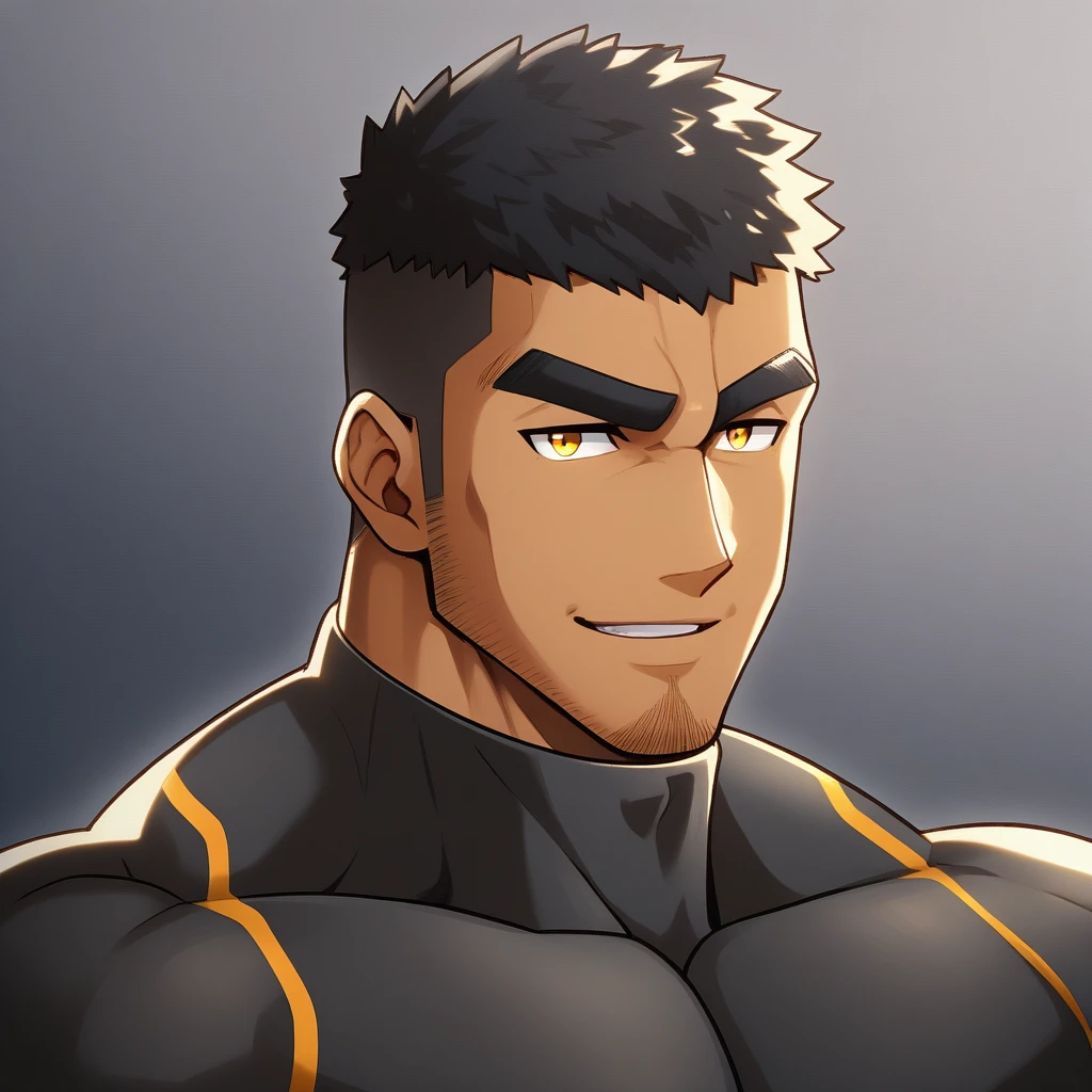 anime characters：Gyee, Muscle Sports Student, ????? black skin, 1 dark skin muscular tough guy, Manliness, male focus, Dark grey high collar long sleeve wetsuit, Matte texture, Very tight, Round, full and perky chest muscles, Slightly transparent, muscular male, muscular, only, Upper body, alone, Black short hair, Thick eyebrows, stubble, Yellow eyes, Grey background, simple background, amazing quality, best aesthetics, Ridiculous, bright pupils, crew cut, parted lips, seductive smile, torogao, naughty face,  best quality
