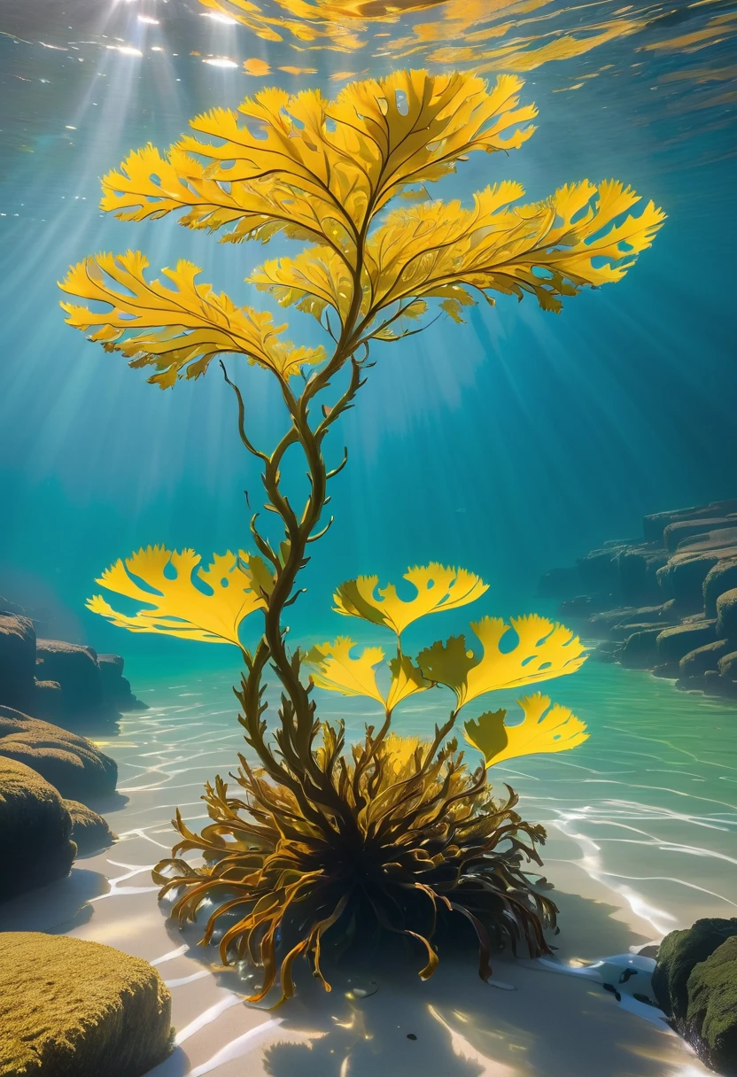 Create a close-up image of Bladder Wrack seaweed kelp floating in the water along a rugged coastline. The scene should show the intricate details of the seaweed's long, yellow fronds and its distinctive, bulbous air bladders. The water should be clear, allowing the textures and colors of the Bladder Wrack to be seen clearly. The fronds should be floating gracefully in the shallow, sunlit water, with the rocky shoreline visible in the background. Highlight the ethereal, almost otherworldly appearance of the seaweed as it glistens and sways gently in the current. The atmosphere should convey the serene and mystical beauty of the coastal environment, with the play of light and shadow on the water and the seaweed.