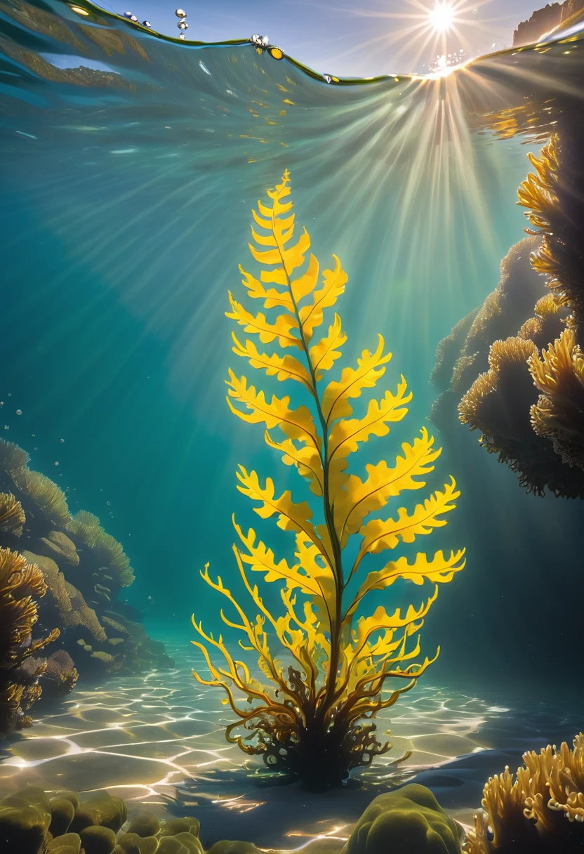 Create a close-up image of Bladder Wrack seaweed kelp floating in the water along a rugged coastline. The scene should show the intricate details of the seaweed's long, yellow fronds and its distinctive, bulbous air bladders. The water should be clear, allowing the textures and colors of the Bladder Wrack to be seen clearly. The fronds should be floating gracefully in the shallow, sunlit water, with the rocky shoreline visible in the background. Highlight the ethereal, almost otherworldly appearance of the seaweed as it glistens and sways gently in the current. The atmosphere should convey the serene and mystical beauty of the coastal environment, with the play of light and shadow on the water and the seaweed.