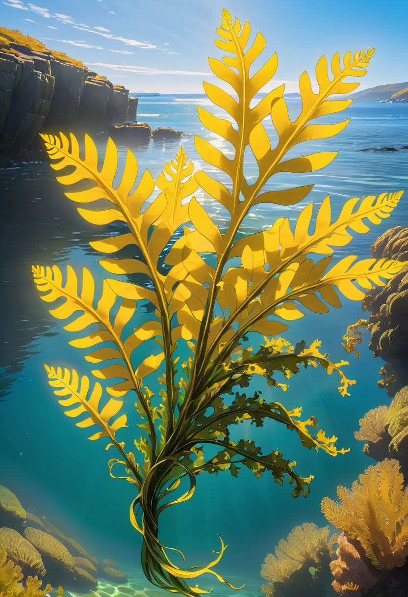 Create a close-up image of Bladder Wrack seaweed kelp floating in the water along a rugged coastline. The scene should show the intricate details of the seaweed's long, yellow fronds and its distinctive, bulbous air bladders. The water should be clear, allowing the textures and colors of the Bladder Wrack to be seen clearly. The fronds should be floating gracefully in the shallow, sunlit water, with the rocky shoreline visible in the background. Highlight the ethereal, almost otherworldly appearance of the seaweed as it glistens and sways gently in the current. The atmosphere should convey the serene and mystical beauty of the coastal environment, with the play of light and shadow on the water and the seaweed.
