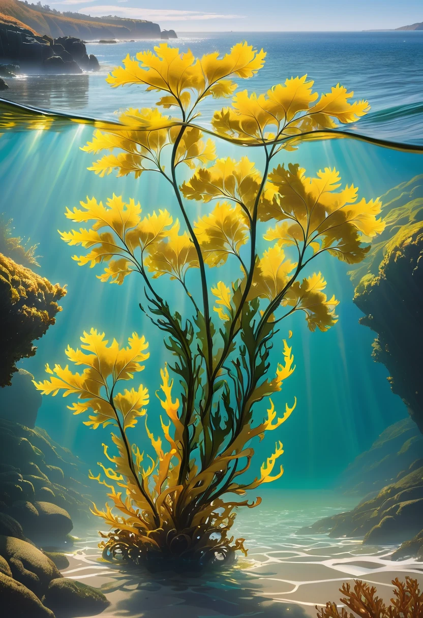 Create a close-up image of Bladder Wrack seaweed kelp floating in the water along a rugged coastline. The scene should show the intricate details of the seaweed's long, yellow fronds and its distinctive, bulbous air bladders. The water should be clear, allowing the textures and colors of the Bladder Wrack to be seen clearly. The fronds should be floating gracefully in the shallow, sunlit water, with the rocky shoreline visible in the background. Highlight the ethereal, almost otherworldly appearance of the seaweed as it glistens and sways gently in the current. The atmosphere should convey the serene and mystical beauty of the coastal environment, with the play of light and shadow on the water and the seaweed.