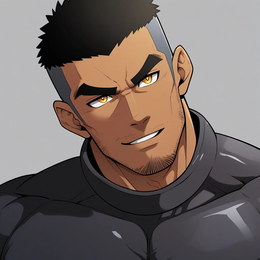 anime characters:Gyee, Muscle Sports Student, negro black skin, 1 dark skin muscular tough guy, Manliness, male focus, Dark grey high collar long sleeve wetsuit, Matte texture, Very tight, Round, full and perky chest muscles, Slightly transparent, muscular male, muscular, only, Upper body, alone, Black short hair, Thick eyebrows, stubble, Yellow eyes, Grey background, simple background, amazing quality, best aesthetics, Ridiculous, bright pupils, crew cut, parted lips, seductive smile, torogao, naughty face, best quality