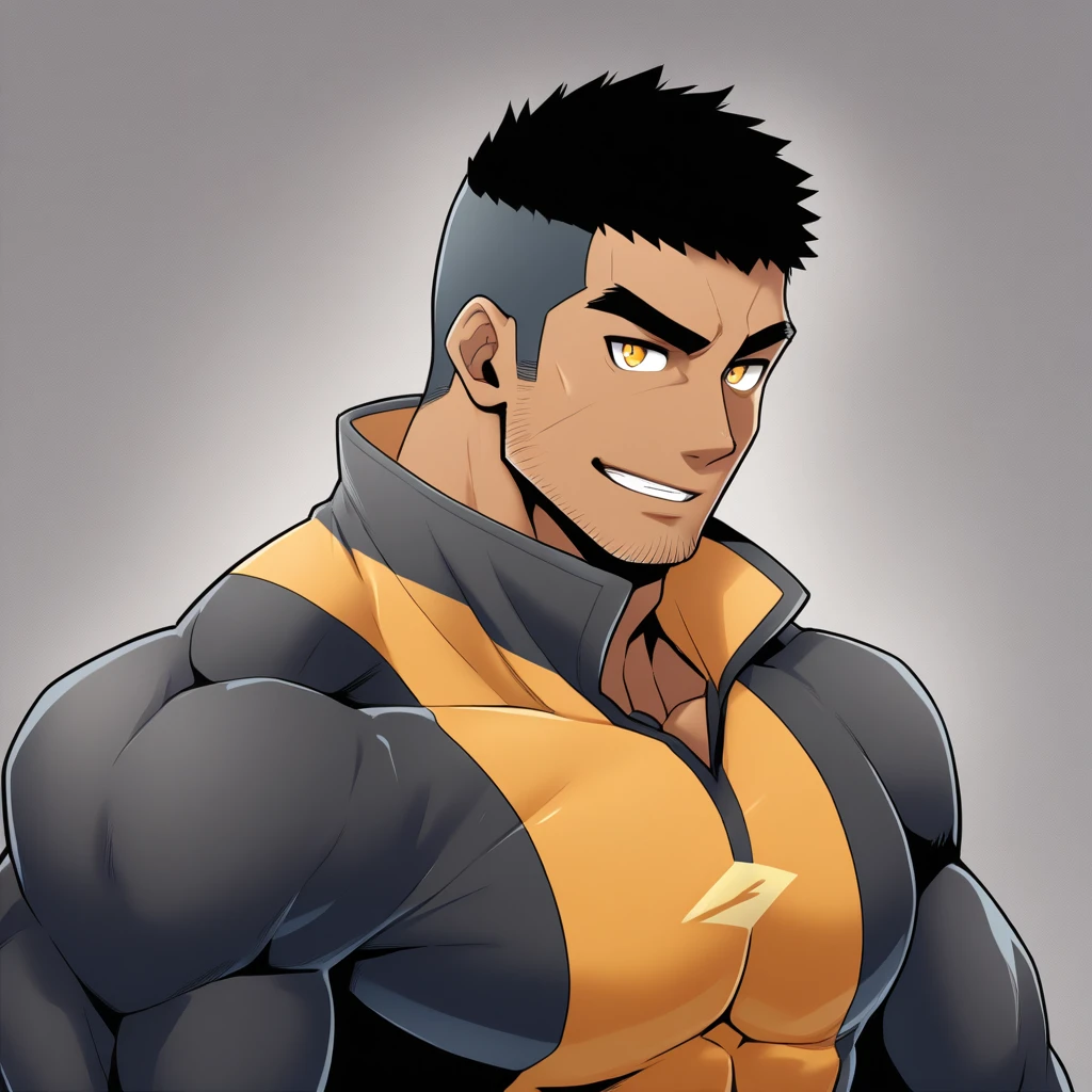 anime characters：Gyee, Muscle Sports Student, negro black skin, 1 dark skin muscular tough guy, Manliness, male focus, Dark grey high collar long sleeve wetsuit, Matte texture, Very tight, Round, full and perky chest muscles, Slightly transparent, muscular male, muscular, only, Upper body, alone, Black short hair, Thick eyebrows, stubble, Yellow eyes, Grey background, simple background, amazing quality, best aesthetics, Ridiculous, bright pupils, crew cut, parted lips, seductive smile, torogao, naughty face,  best quality
