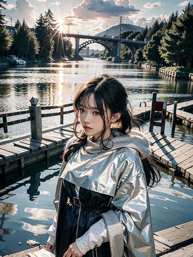 best quality, masterpiece, photo realistic, intricate details, raw photo, photon rendering, octane render, absurdres, ultra detailed, detailed face, detailed skin, trending on artstation,8k masterpiece,cinematic lighting, scenery, scenery, no humans, cityscape, sky, city, cloud, outdoors, building, sunset, city lights, bridge, river, tree, roadn, artist name,