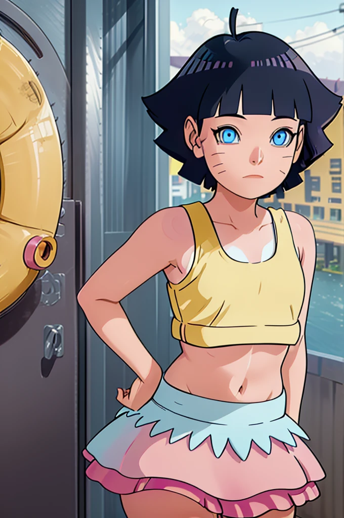 Himawari Uzumaki, Youngh, wearing a yellow tank top, very short pink skirt, sexy belly, pose sexy, fluffly, gazing at viewer, Great traits, best qualityer, no flaws