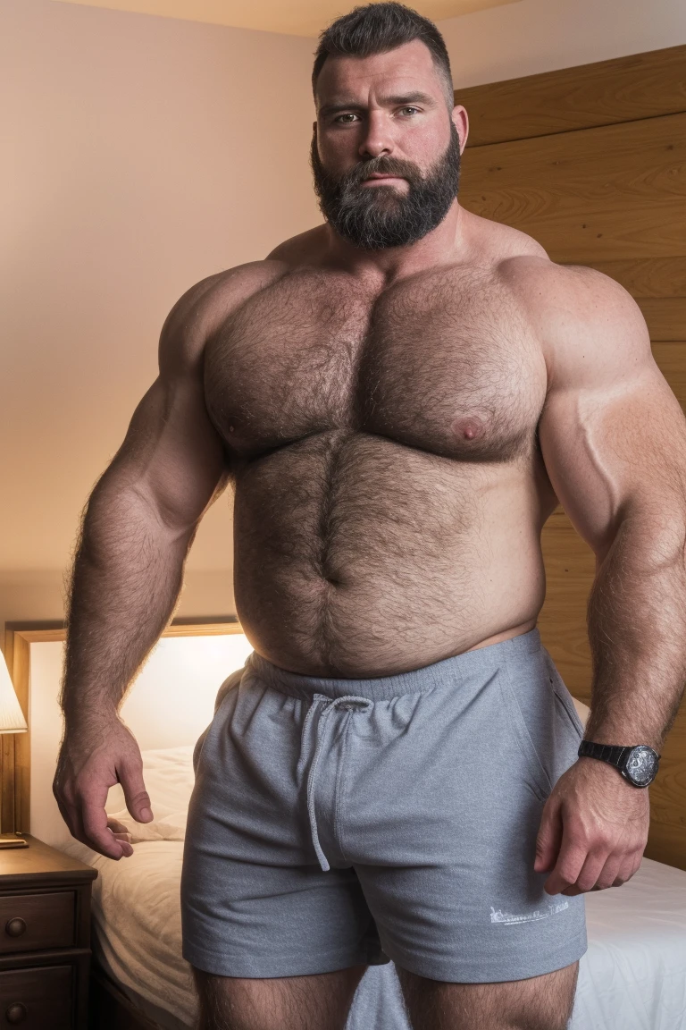 8KUHD Very HIGH RESOLUTION HDR Very Extremely Realistic Very Detailed High Quality 8K HDR Very Realistic photograph featuring a middle-aged daddy rugged bodybuilder muscle bears man, 8K very realistic detailed hairy, 8K very realistic beared big daddy muscle bear, and 8K very realistic detailed rugged burly man in shorts. 8K Very Realistic legs, 8K very realistic hair, 8K very realistic beards, 8K very realistic thick chubby fat neck, 8Kvery realistic neck lines, 8K very realistic detailed neck, 8K very realistic belly, 8K very realistic burly chest, 8K very realistic detailed hairy burly strong chest and arms, 8K very realistic detailed hairy burly strong chest and arms, 8K very realistic pecs, 8K very realistic burly muscle bear body, 8K very realistic nipples, 8K very realistic burly muscle bear body, 8K very realistic face, 8K very realistic detailed face, 8K very realistic eyes, 8K very realistic detailed eyes, 8K very realistic pupils, 8K very realistic detailed pupils, 8K very realistic head, 8K very realistic waist, 8K very realistic facial features, 8K very realistic burly arms, 8K very realistic elbows, 8K very realistic hands, 8K very realistic pecs, 8K very realistic belly, 8K very realistic human man body, 8K very realistic bellybutton, 8K very realistic wrists, 8K very realistic fingers, 8K very realistic fingernails, 8K very realistic shoulders, 8K very realistic mouth, 8K very realistic lips, 8K very realistic mens clothing, 8K very realistic detailed mens clothing. 8K HDR Very Realistic Hairy Bearded Burly Muscle bear Photoshoot, 8K A very realistic burly muscle bear man in a bedroom, 8K HDR Very Realistic Intricately Detailed, 8K HDR very realistic detailed bedroom surroundings, 8K HDR very realistic surroundings lighting, No Deformities, captured with a 85mm lens, 8K HDR Very Ultra Realistic and 8K HDR Very Realistic Photograph, 8K HDR Clear HDR Quality full with very realistic real details