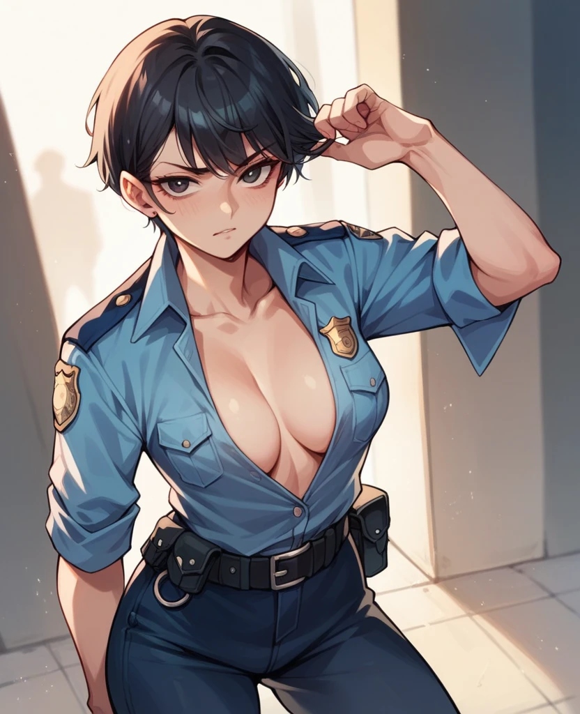 A police officer with short black hair and a contemptuous look showing her breasts exposed