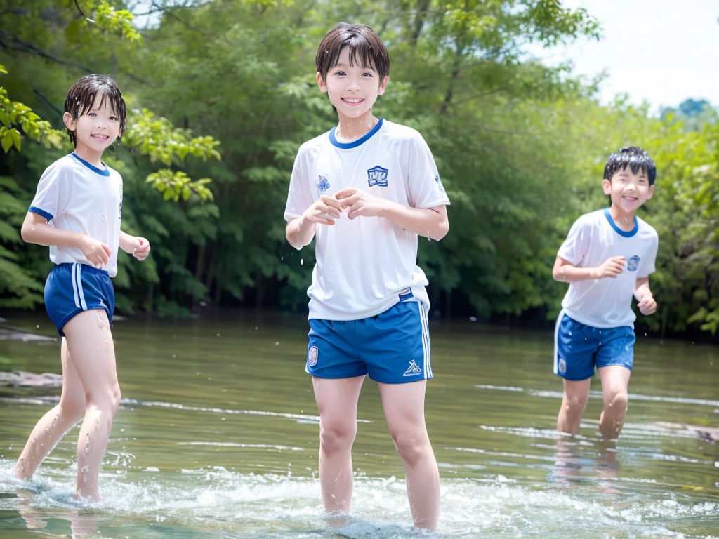In the forest、Swimming in the river、Cool and refreshing water、Cute boy、Popular actors、10Year old boy、The boys are playing、Get wet all over、Noisy boys、Splashing Water、Boy in gym clothes、The bottom of the white T-shirt is blue、Blue shorts、Japanese、(Boy 1.4)