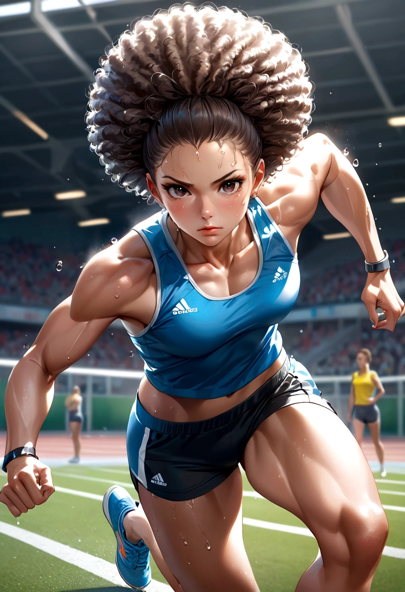 (8k, best quality, masterpiece:1.2), (realistic, photo-realistic:1.37), ultra-detailed, 1 female athlete, in action, dynamic pose, sports field, track, sweat, muscle tone, short hair (afro style:1.2), strong jawline, athletic body, perfectly toned, running shoes, detailed sports uniform with team colors, detail in sweat droplets, determined face, focused eyes, pursed lips, high-level image quality, masterpiece, Best Quality.