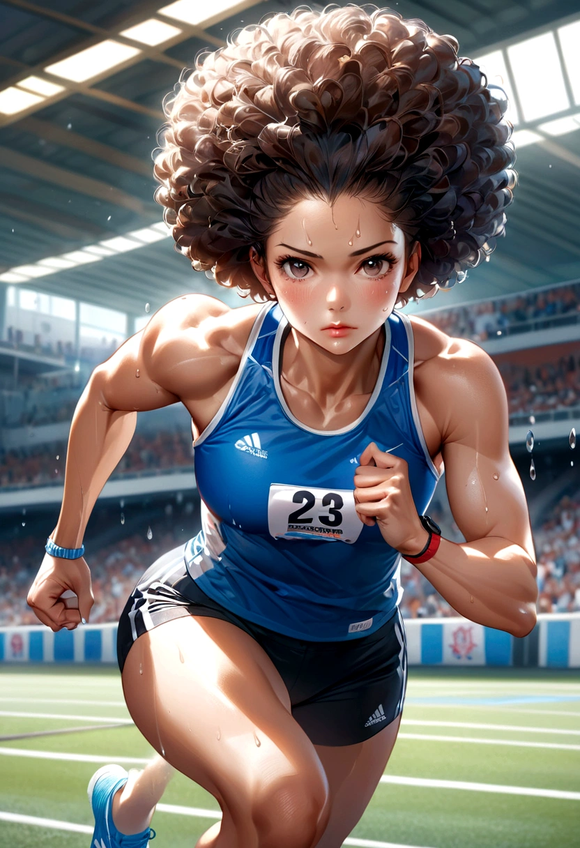 (8k, best quality, masterpiece:1.2), (realistic, photo-realistic:1.37), ultra-detailed, 1 female athlete, in action, dynamic pose, sports field, track, sweat, muscle tone, short hair (afro style:1.2), strong jawline, athletic body, perfectly toned, running shoes, detailed sports uniform with team colors, detail in sweat droplets, determined face, focused eyes, pursed lips, high-level image quality, masterpiece, Best Quality.