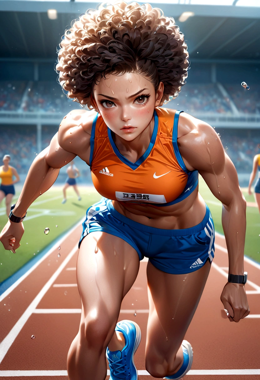 (8k, best quality, masterpiece:1.2), (realistic, photo-realistic:1.37), ultra-detailed, 1 female athlete, in action, dynamic pose, sports field, track, sweat, muscle tone, short hair (afro style:1.2), strong jawline, athletic body, perfectly toned, running shoes, detailed sports uniform with team colors, detail in sweat droplets, determined face, focused eyes, pursed lips, high-level image quality, masterpiece, Best Quality.
