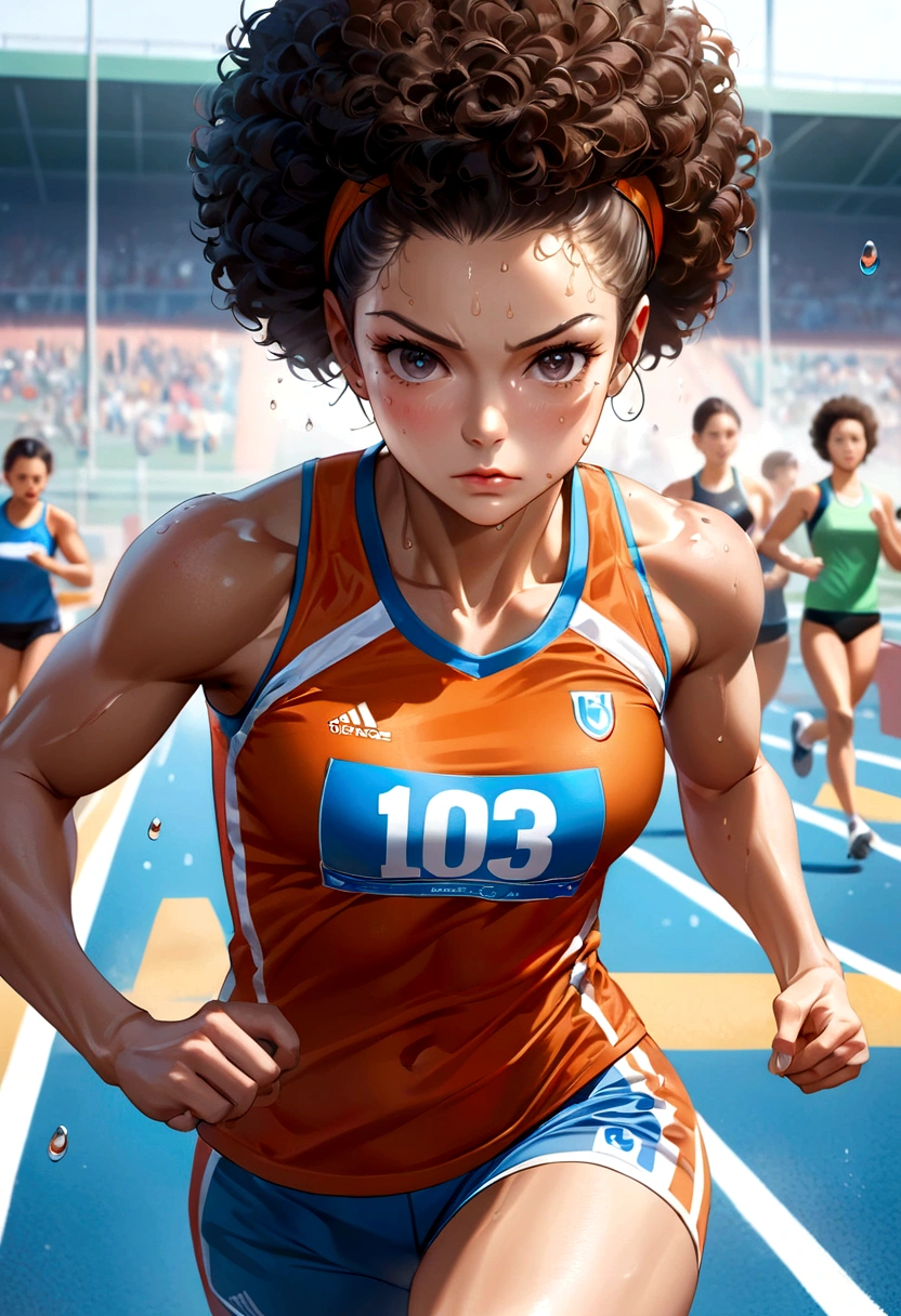(8k, best quality, masterpiece:1.2), (realistic, photo-realistic:1.37), ultra-detailed, 1 female athlete, in action, dynamic pose, sports field, track, sweat, muscle tone, short hair (afro style:1.2), strong jawline, athletic body, perfectly toned, running shoes, detailed sports uniform with team colors, detail in sweat droplets, determined face, focused eyes, pursed lips, high-level image quality, masterpiece, Best Quality.
