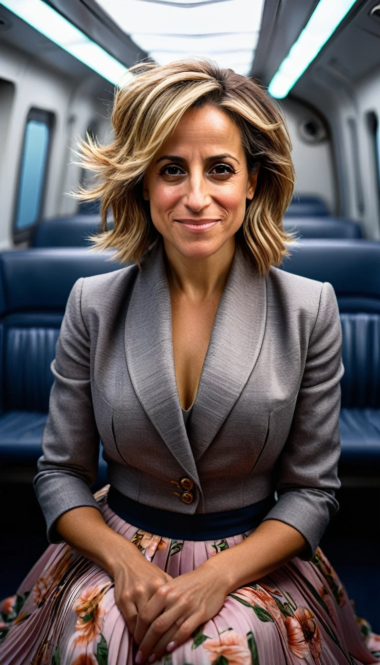Full body shot of an Insatiable Skirt lover and kind, shy woman Emily Maitlis having Intense Orgasming love for her skirt, sitting and wearing (long pleated full circle skirt), uniform jacket and strapless low pump office shoes, (pronounced (feminine) features), (very windy), skirt is flowing wildly in the wind, inside a spaceship travelling through deep space, very, very intricate hyper-detailed symmetric (attractive graceful young feminine face) with (sad, tired eyes and a loving smile), very voluptuous breasts, full of empathy and compassion and love, (pronounced (feminine) features), (highly detailed ultra accurate realistic) hands and fingers, (windy), epic composition, highly detailed attributes, (35mm f1.4 Kodak portra 400 photograph), extremely high quality RAW photograph, highly detailed atmosphere, sci-fi, cinematic shot, dynamic lighting, 75mm, Technicolor, Panavision, cinemascope, sharp focus, fine details, 8k, HDR, realism, realistic, key visual, film still, superb cinematic color grading, depth of field