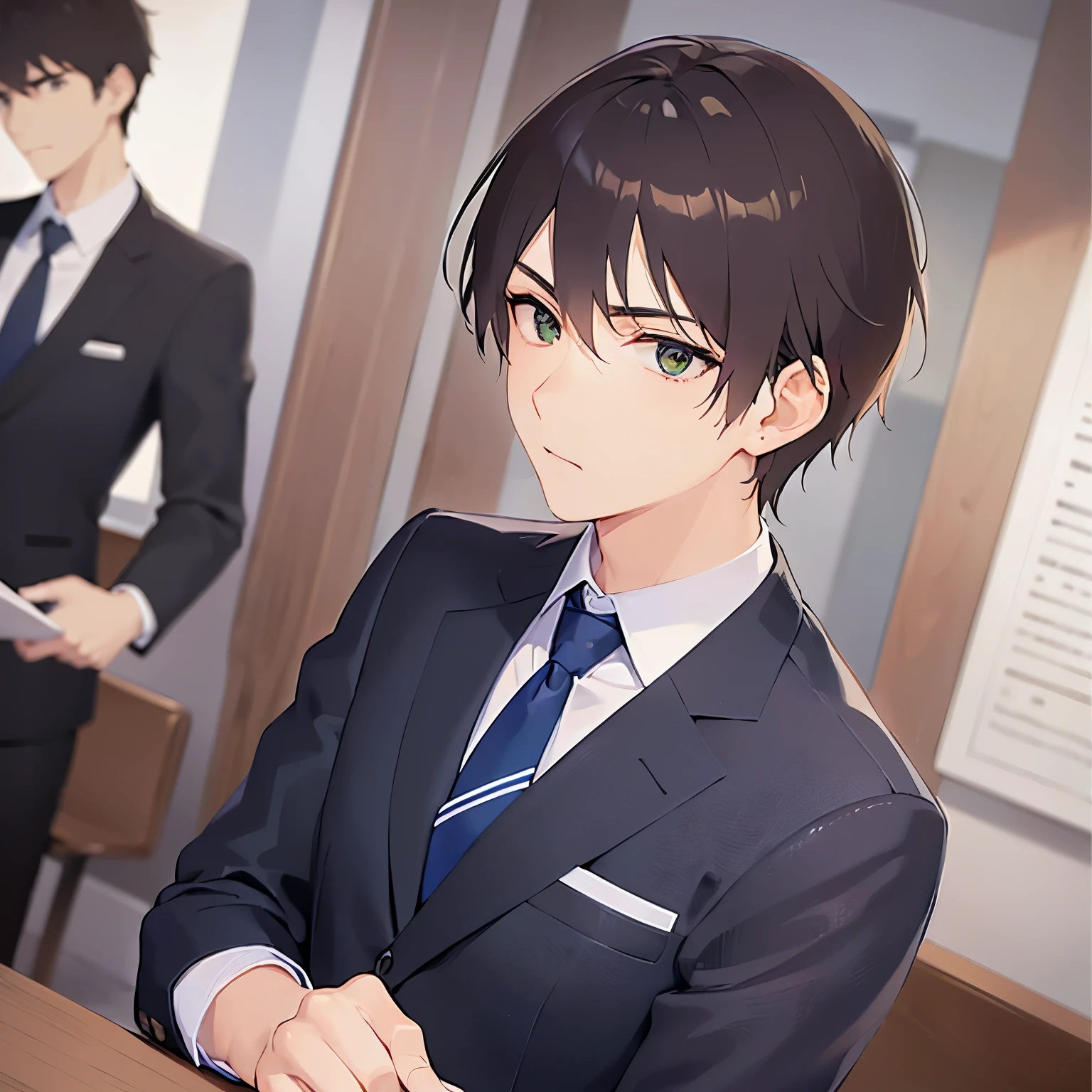 side angle, upper body, shiny skin、masterpiece、Highest quality、(25-year-old male:1.5) and (Brown short hair) and (Green Eyes), (Wearing a suit:1.3) and (Blue tie)、Are standing、Serious expression、The background is the conference room、(Alone:1.5)、