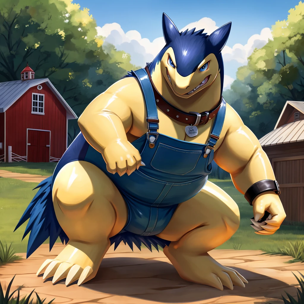 Solo, Male, fat, squatting, extremely obese, Typhlosion, blue eyes, (soft shading), 4k, hi res, ((detailed face, detailed)), looking at viewer, evil grin, Farm, rubber overalls, collared shirt, male focus, glasses, monocle, shirt with buttons, sleeves rolled up, Typhlosion is wearing a glossy leather dog collar around the neck, Typhlosion is wearing the leather collar and shirt at the same time, Typhlosion is wearing glossy white rubber gloves on the hands, wearing white rubber gloves on the feet, Typhlosion is wearing glossy white cuffs around the wrists with cufflinks, gloves are rubber in texture, clenching teeth, clenching fists, leather collar is glossy and shiny with a lot of detail, Typhlosion is wearing gloves and cuffs and cufflinks at the same time, leather collar has a round dog-tag, leather collar is thick and detailed.