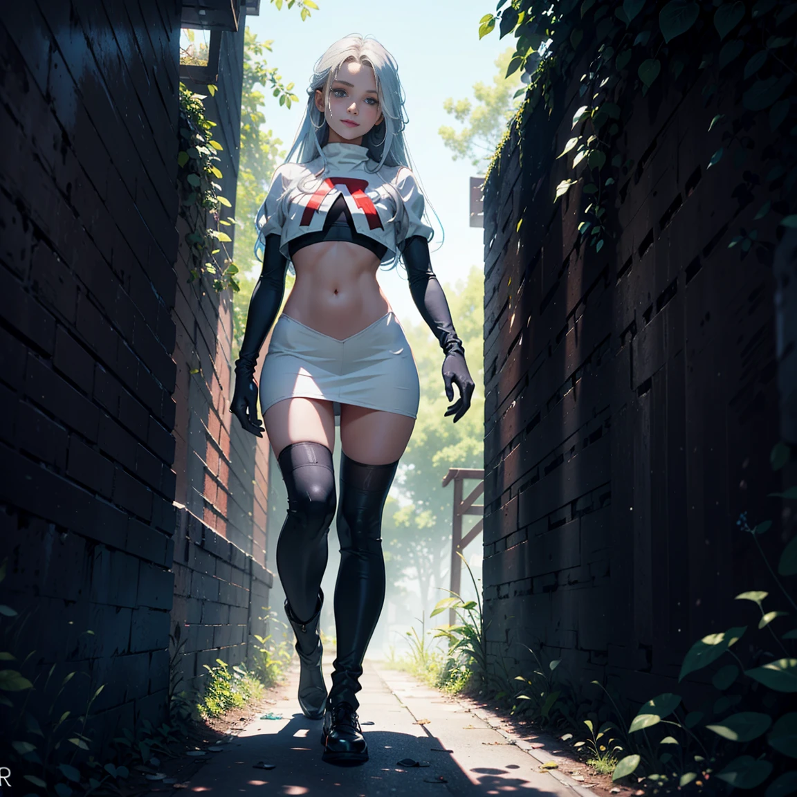 1girl, (solo), very long straight hair, light blue hair, flat chest, small size, blue eyes, fair skin, glossy lips ,team rocket uniform, red letter R, white skirt, white crop top, black thigh-high boots, black elbow gloves, smile, red cheeks, looking down on viewer, walking, naked sex, sex view, full body, (days), sun, out forest, (very sexy body, detailed face, masterpiece, highly detailed, 8k, best quality, vibrant colors, digital art, concept art)
